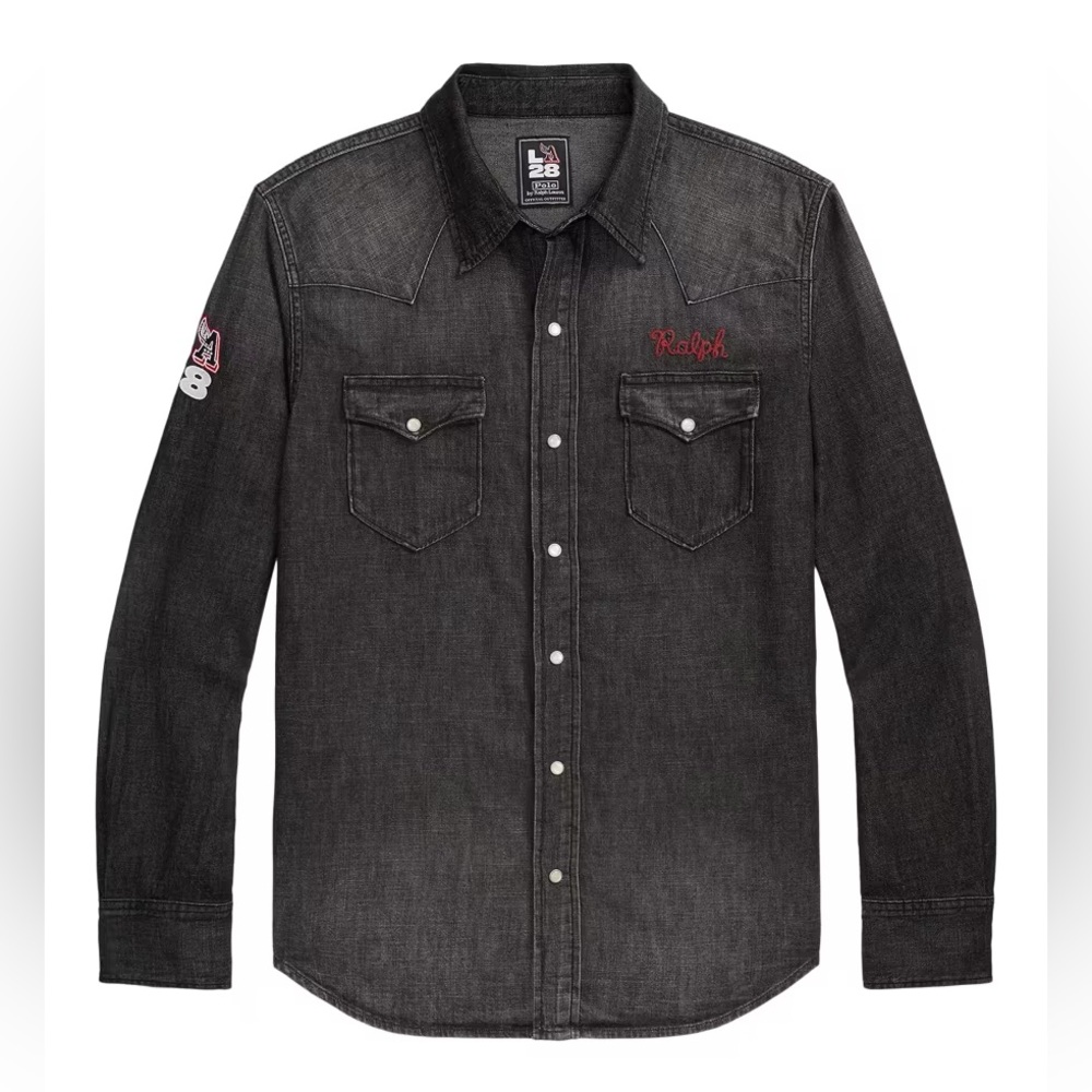 Polo Ralph Lauren 
Black graphic denim button-up shirt with red embroidered logo
